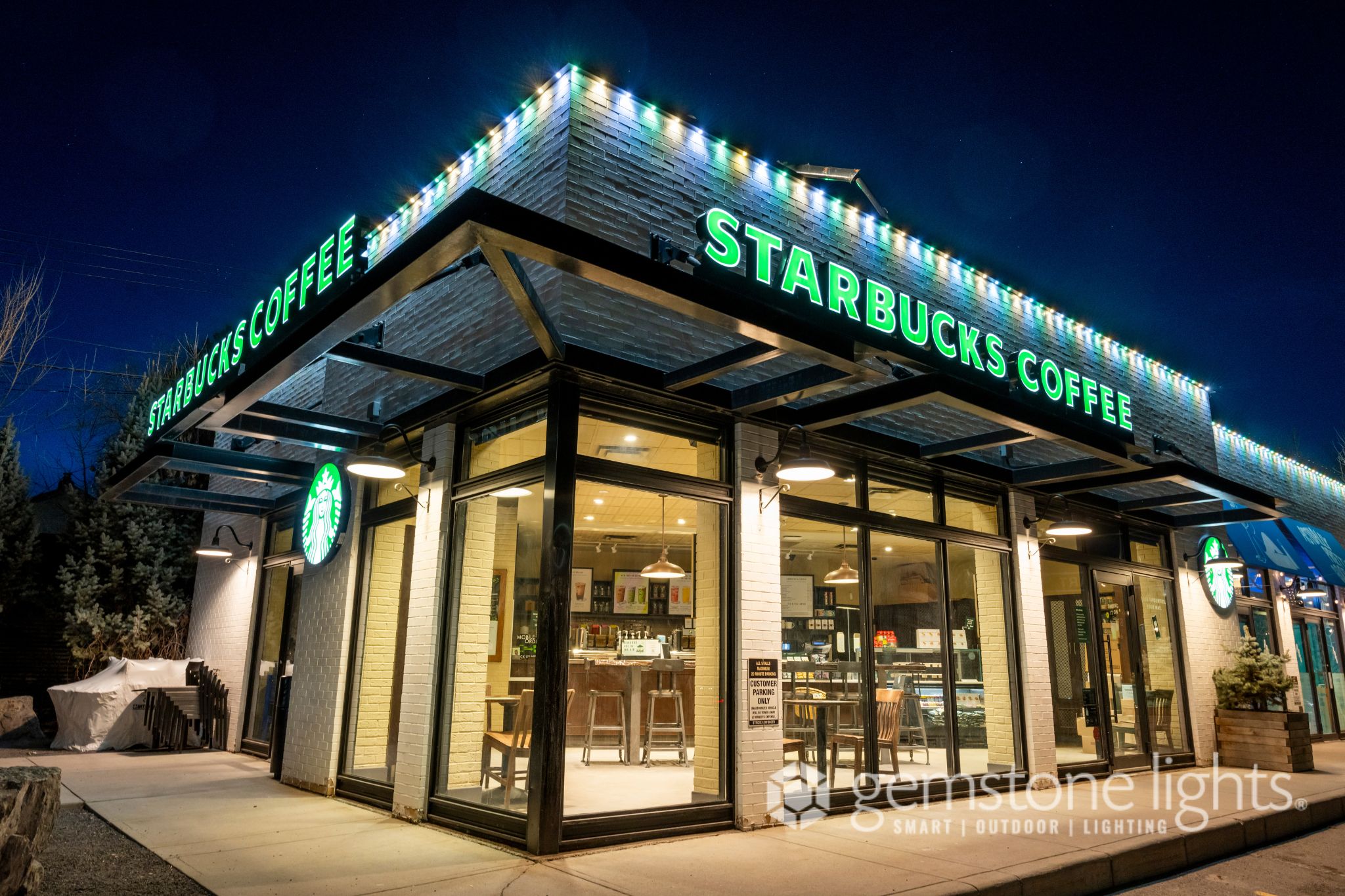 Gemstone Lights commercial reference on a coffee shop